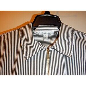 Calvin Klein Womens L Black White Striped Zip Front Blouse Roll Tab Sleeve Shirt